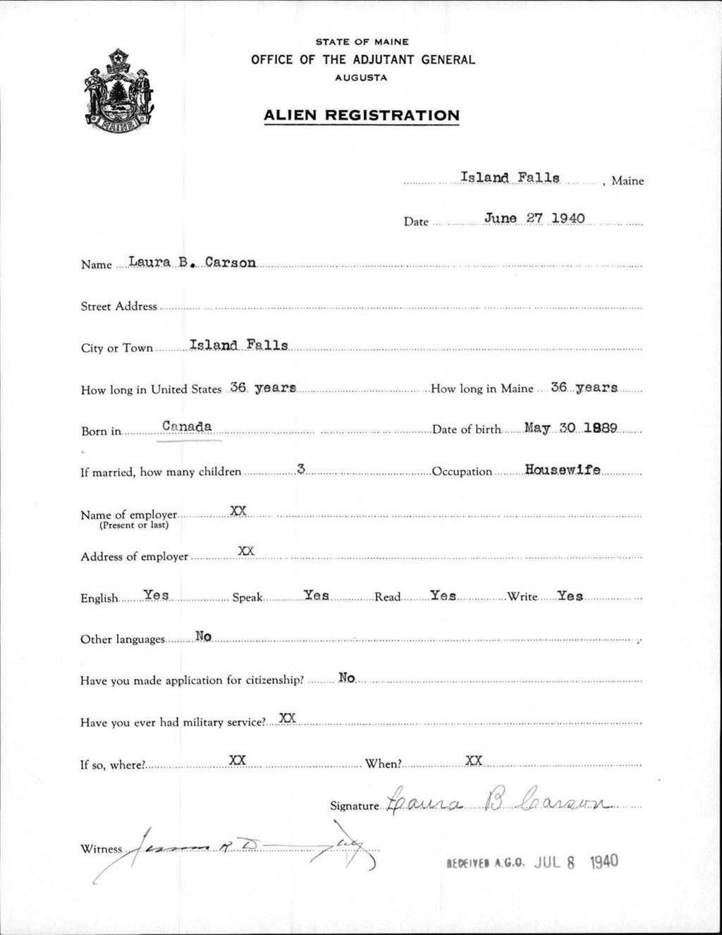 Miniature of Alien Registration- Carson, Laura B. (Island Falls, Aroostook County)