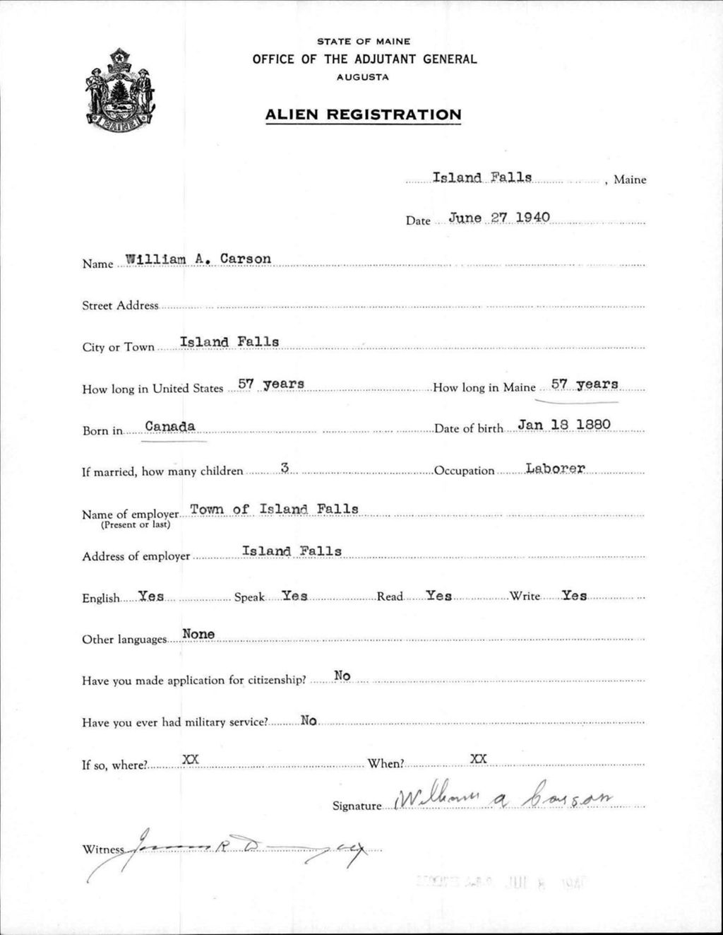 Miniature of Alien Registration- Carson, William A. (Island Falls, Aroostook County)