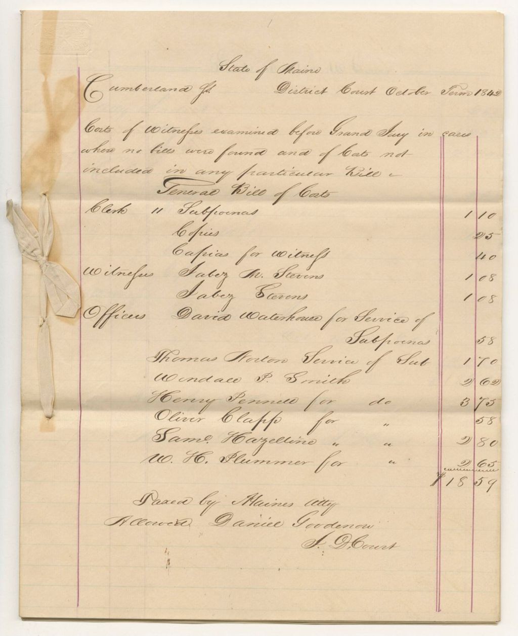 Miniature of Bills of Cost at the District Court in Cumberland County, October Term 1842