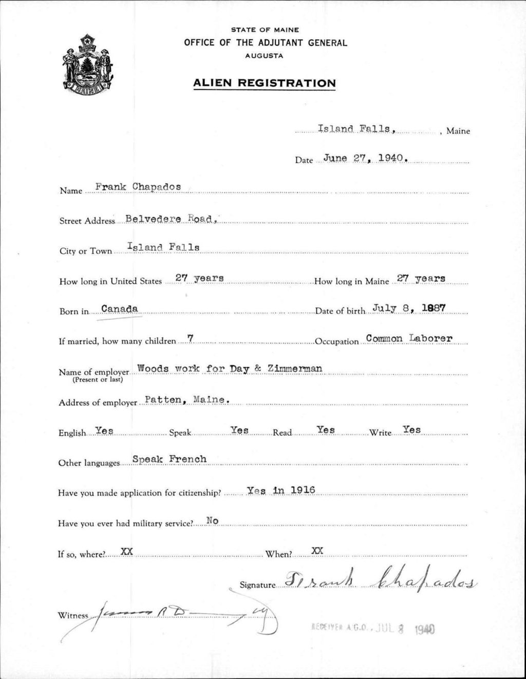 Miniature of Alien Registration- Chapados, Frank (Island Falls, Aroostook County)