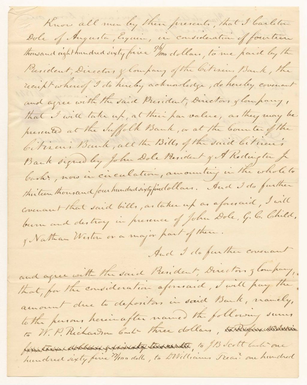 Miniature of Carleton Dole's Bond to destroy all Citizens Bank bills signed by John Dole and to repay depositors
