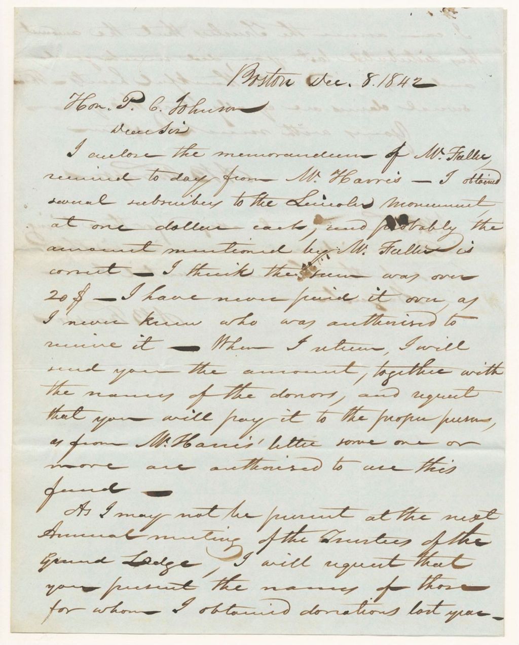 Miniature of Communication from A.B. Thompson to P.C. Johnson, related to the subscriptions for the Governor Lincoln's Monument