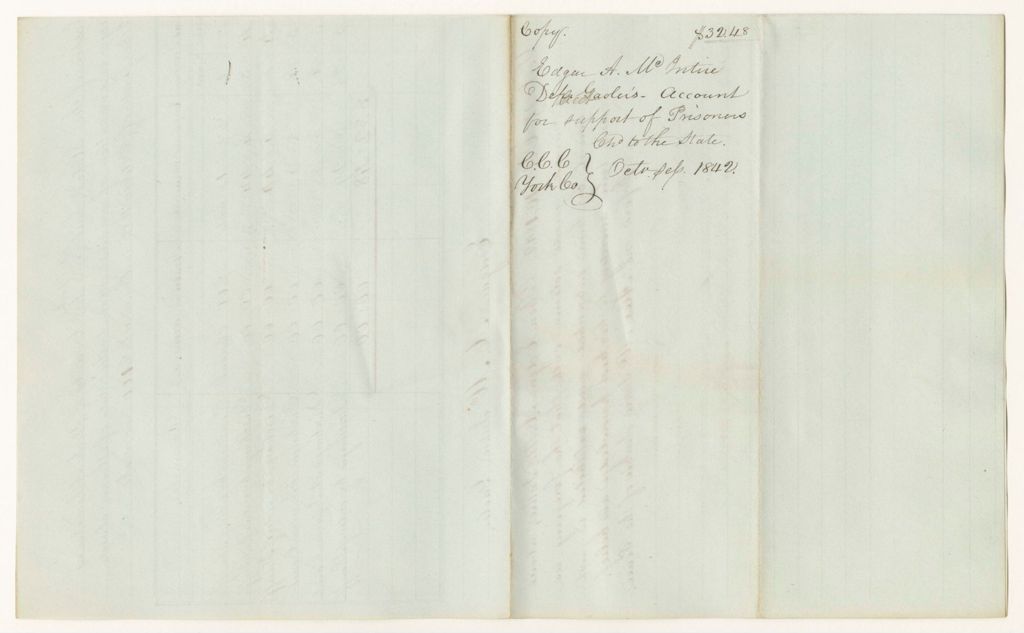 Miniature of Account of Edgar A. McIntire, under keeper of the State's Jail at York in the County of York, of the expenses incurred for supporting poor prisoners therein committed upon charge or conviction of crimes against the State of Maine charged to said State from May 1st to October 1st 1842