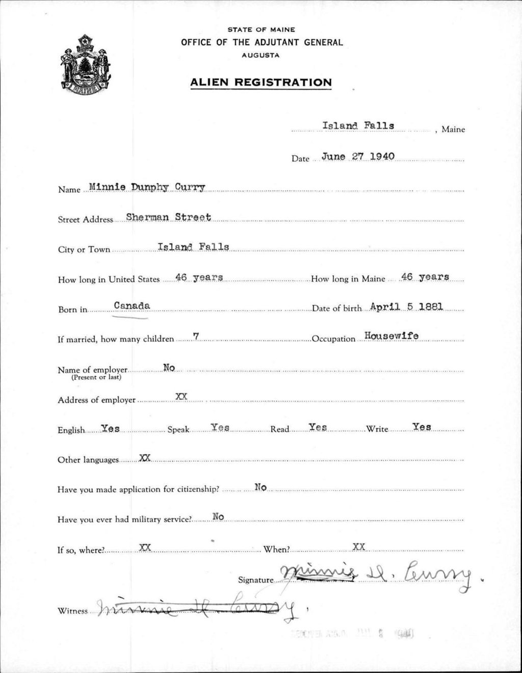 Miniature of Alien Registration- Dunphy, Minnie (Island Falls, Aroostook County)