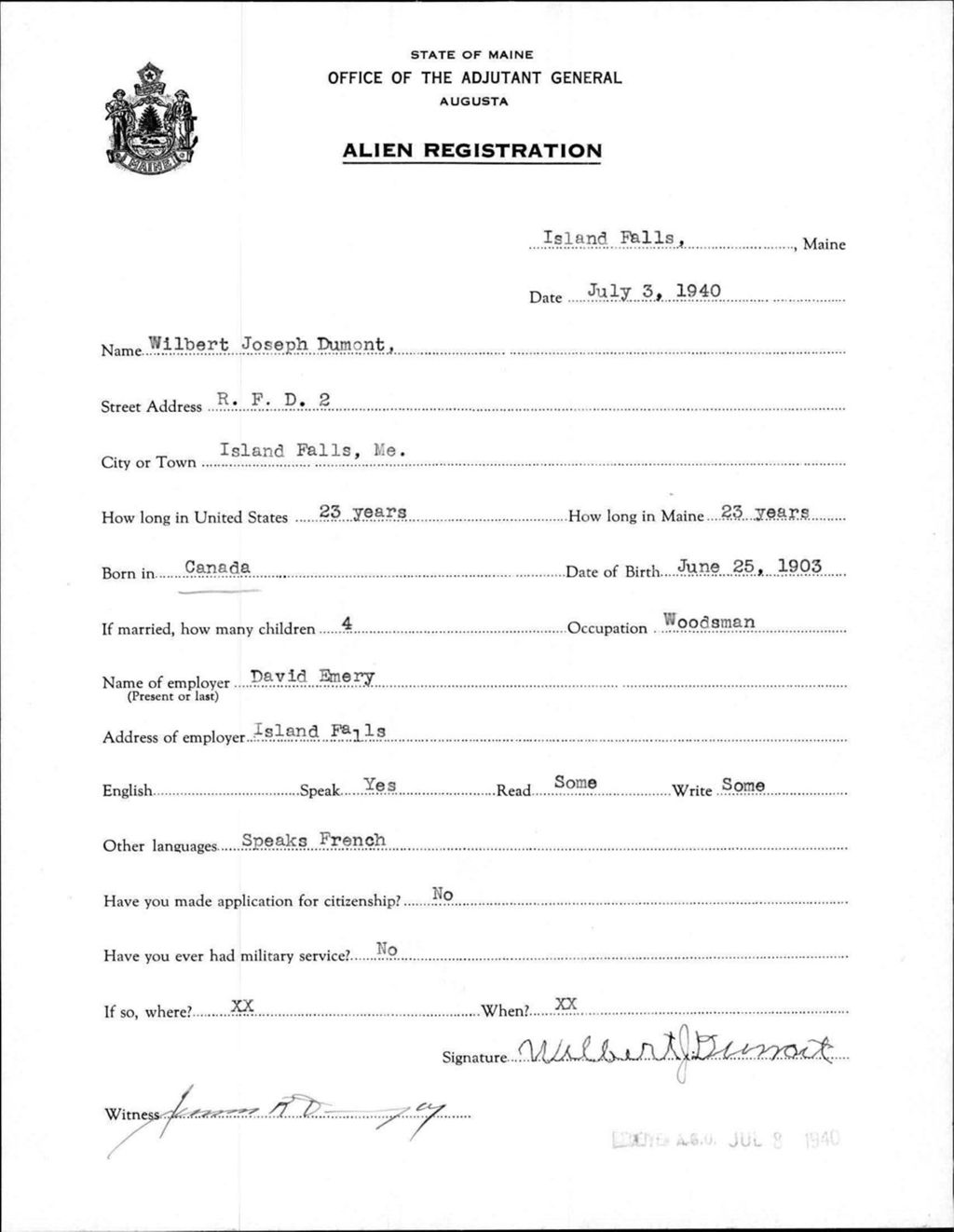 Miniature of Alien Registration- Dumont, Wilbert J. (Island Falls, Aroostook County)