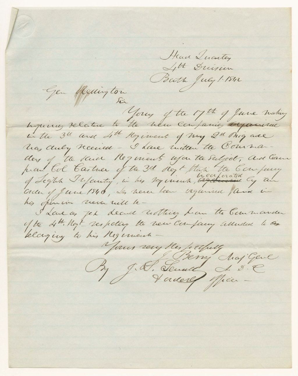 Miniature of Communication from Major General Berry, 4th Division, in relation to the Order of Council June 26, 1840