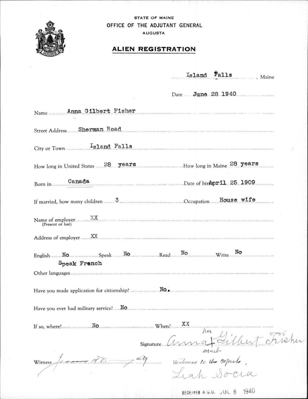 Miniature of Alien Registration- Fisher, Anna G. (Island Falls, Aroostook County)