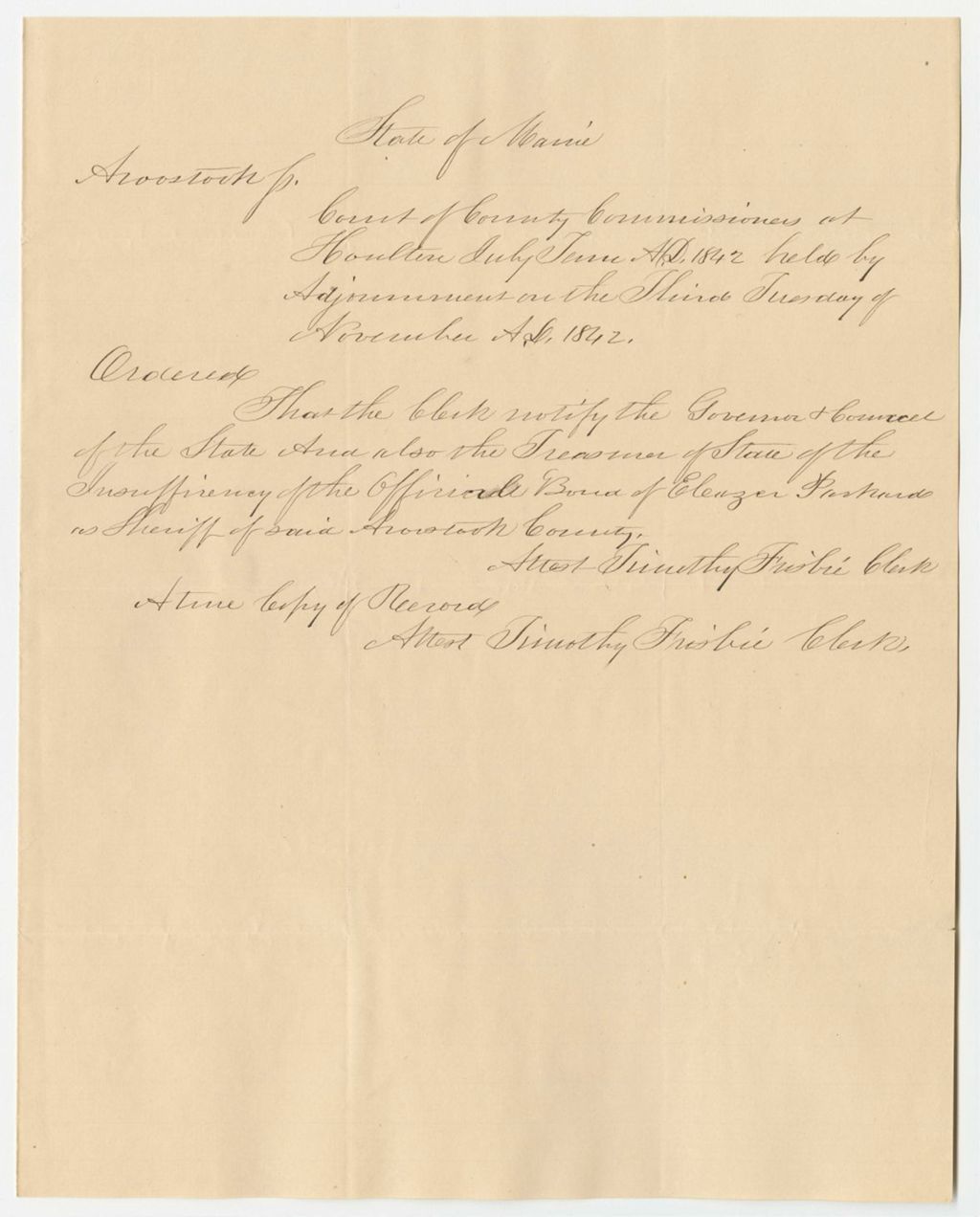 Miniature of Order that the Clerk notify the Governor, Council, and Treasurer of the insufficiency of the Official Bond of Eleazer Packard as Sheriff of Aroostook County