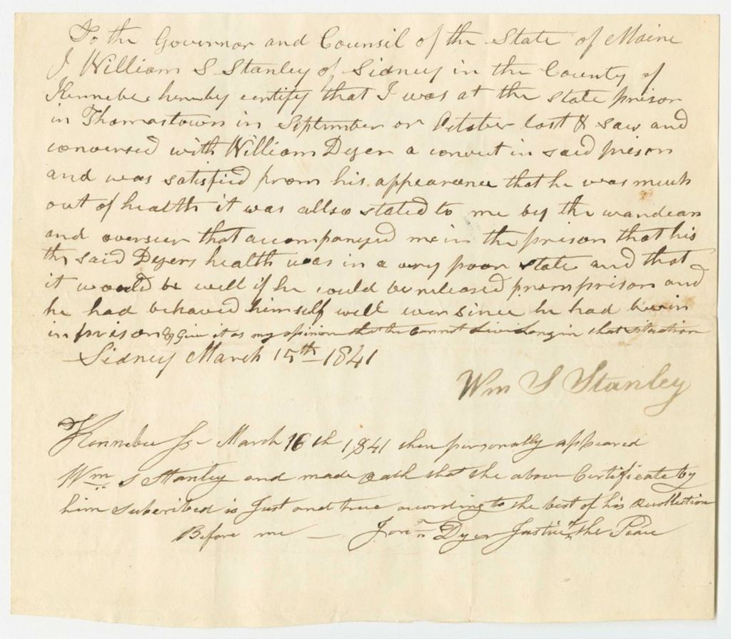 Miniature of Communication from William S. Stanley, on the health of William Dyer in the State Prison