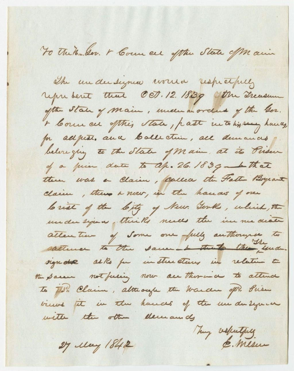 Miniature of Communication of E. Wilson, relating to the claim against Forster Bryant in the hands of Mr. Crist of New York City