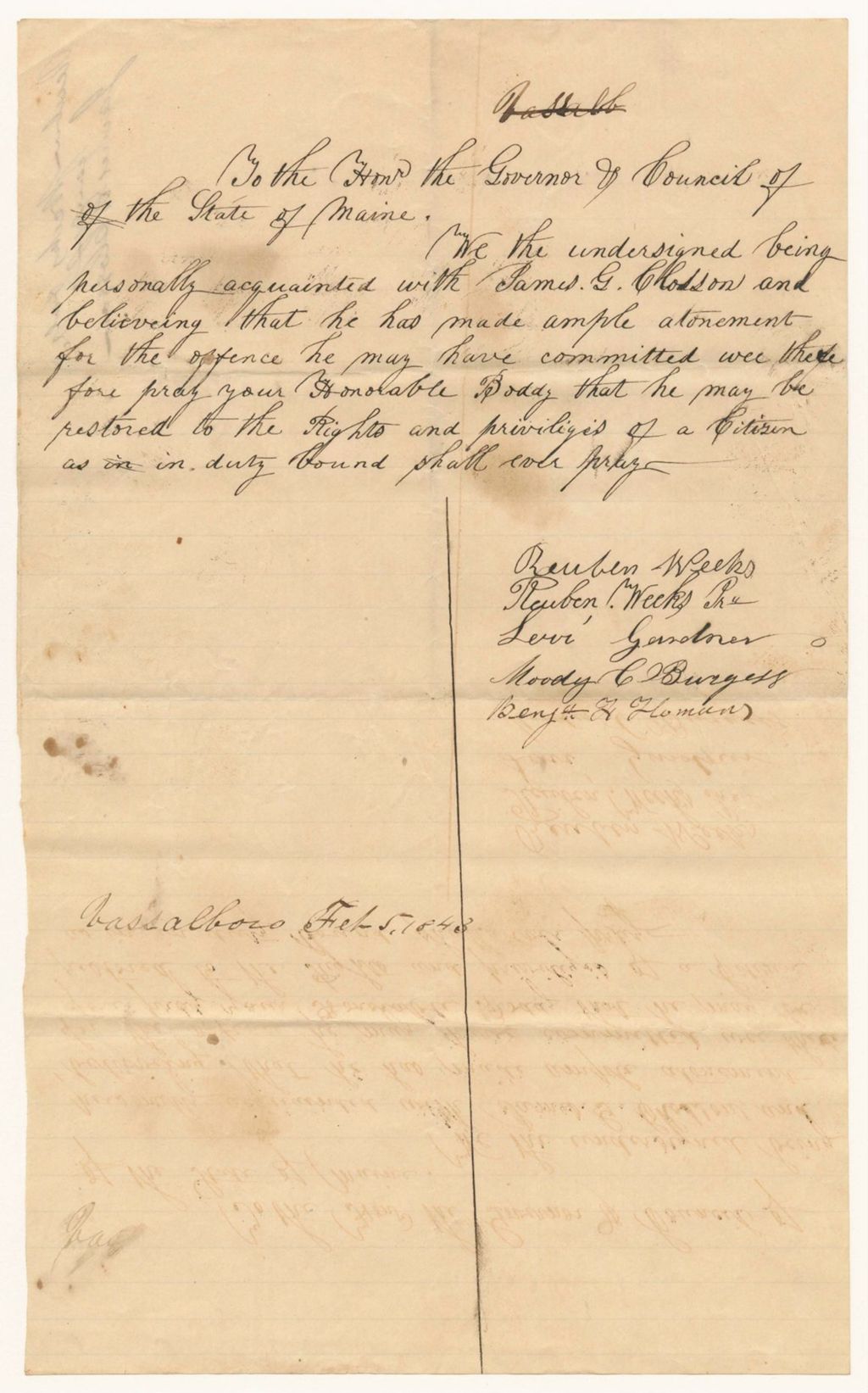 Miniature of Petition of Reuben Weeks and others for the pardon of James Classon