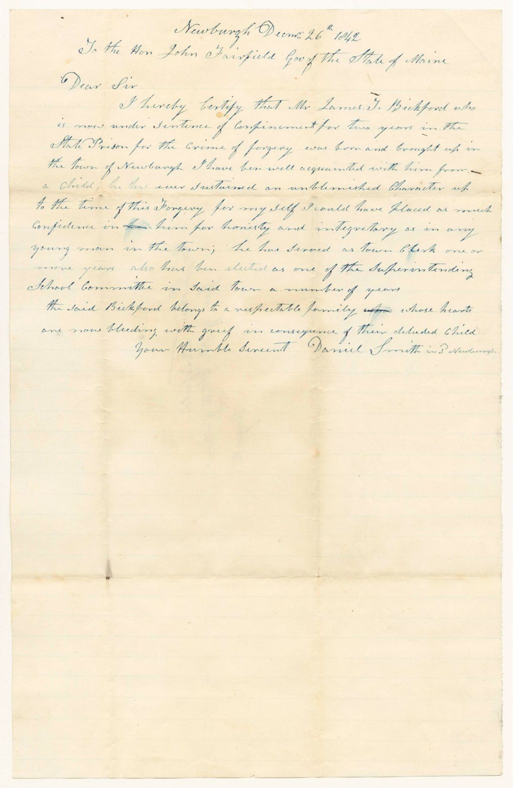 Miniature of Certificate of Daniel Smith on the character of James T. Bickford