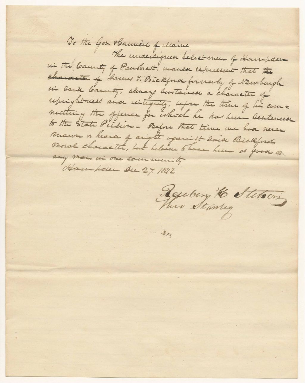 Miniature of Petition of the Selectmen of Hampden for the pardon of James T. Bickford