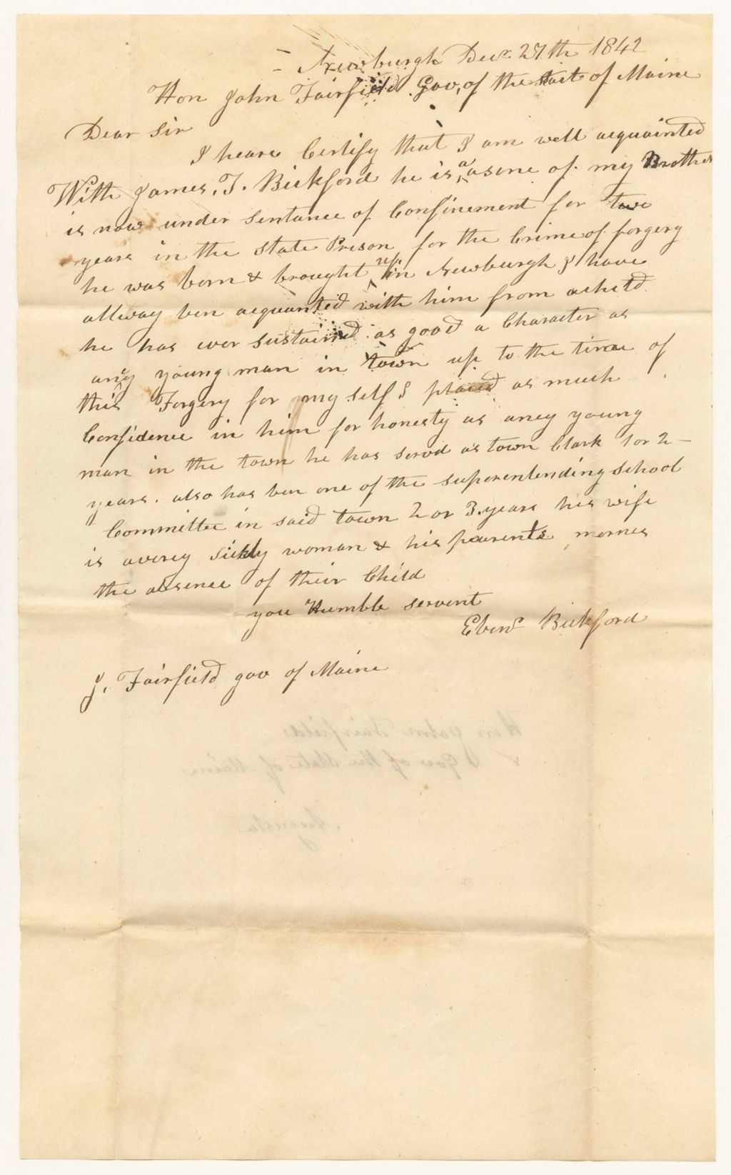 Miniature of Certificate of Ebenezer Bickford on the character of James T. Bickford
