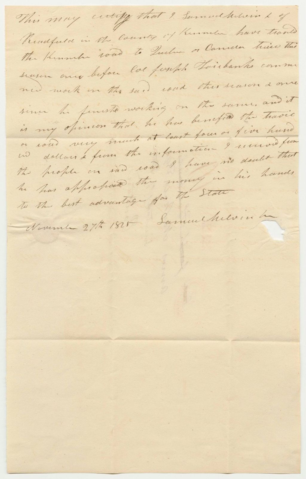 Miniature of Samuel Melvinch's Certification of Joseph Fairbank's Work on Kennebec Road