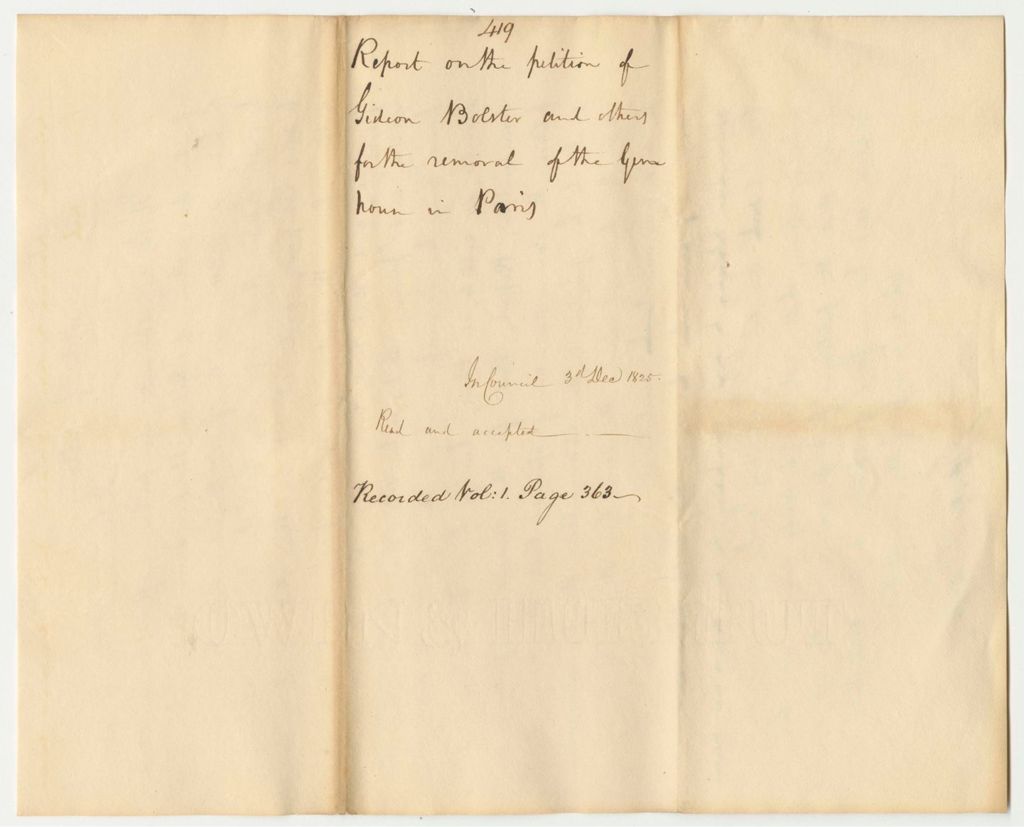 Miniature of Report 419: Report on the Petition of Gideon Bolster and Others for the Removal of the Gunhouse in Paris