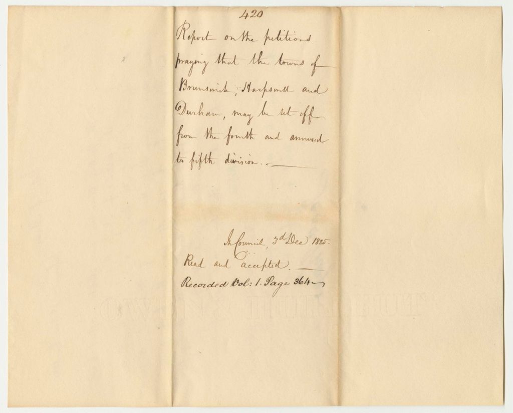 Miniature of Report 420: Report on the Petitions Praying That the Towns of Brunswick, Harpswell, and Durham May Be Set Off from the 4th and Annexed to the 5th Division