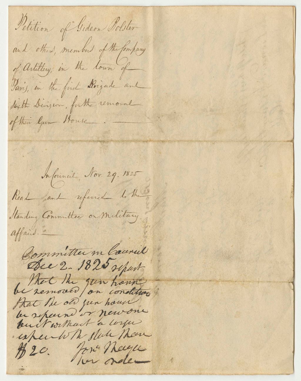 Miniature of Petition of Gideon Bolster and Others, Members of the Company of Artillery in the Town of Paris, in the First Brigade and Sixth Division, for the Removal of Their Gun House