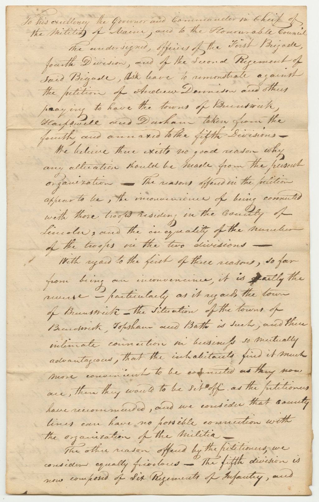 Miniature of Officers of the First Brigade Fourth Division Second Regiment's Remonstrance Against the Petition of Andrew Dennison and Others Praying to Have the Towns of Brunswick, Harpswell, and Durham Taken from the Fourth and Annexed to the Fifth Division