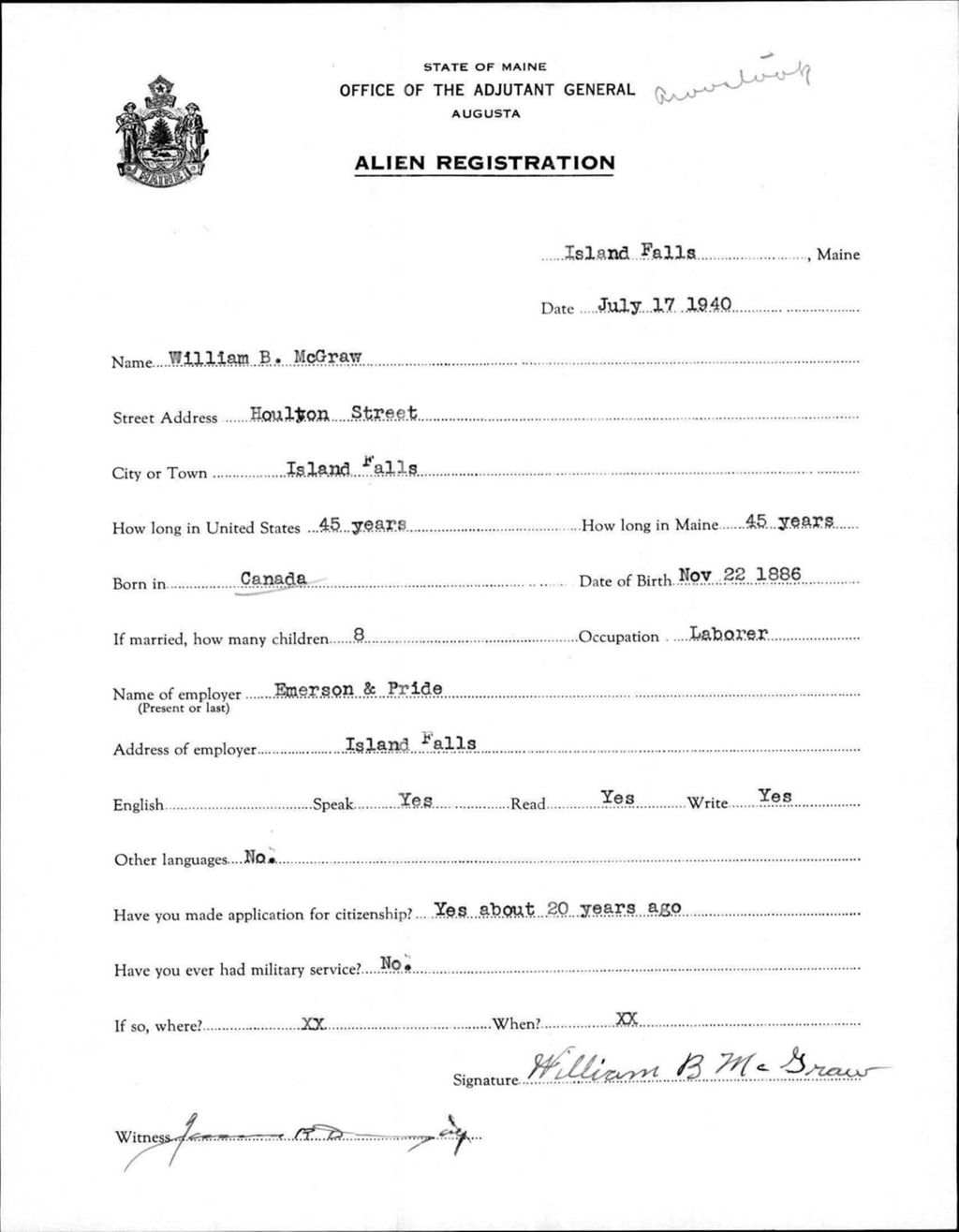 Miniature of Alien Registration- Mcgraw, William B. (Island Falls, Aroostook County)