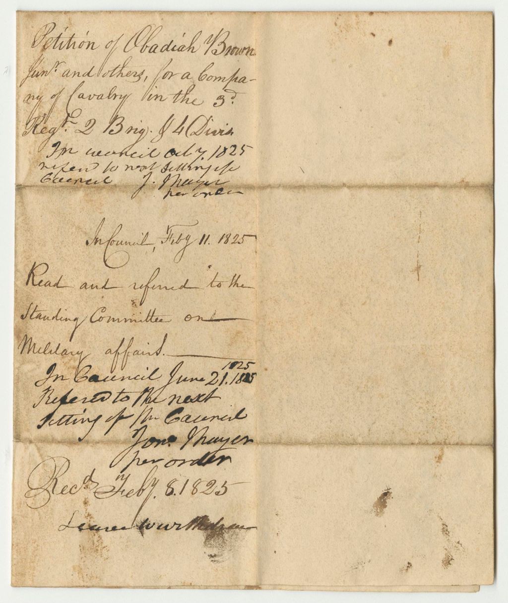 Miniature of Petition of Obadiah Brown Junior and Others for a Company of Cavalry in the 3R.2B.4D.