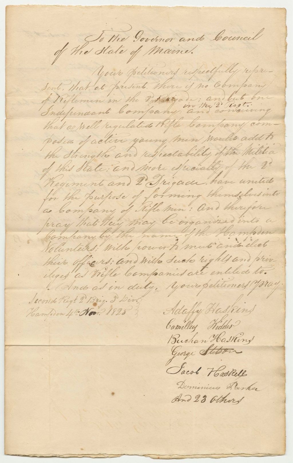 Miniature of Petition of Adaffy Haskins and Others, Praying for a Company of Riflemen to be Attached to the 2R.2B.3D.