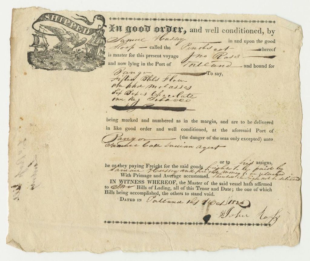Miniature of Samuel F. Hussey Receipt for Shipping Goods from Portland to Bangor
