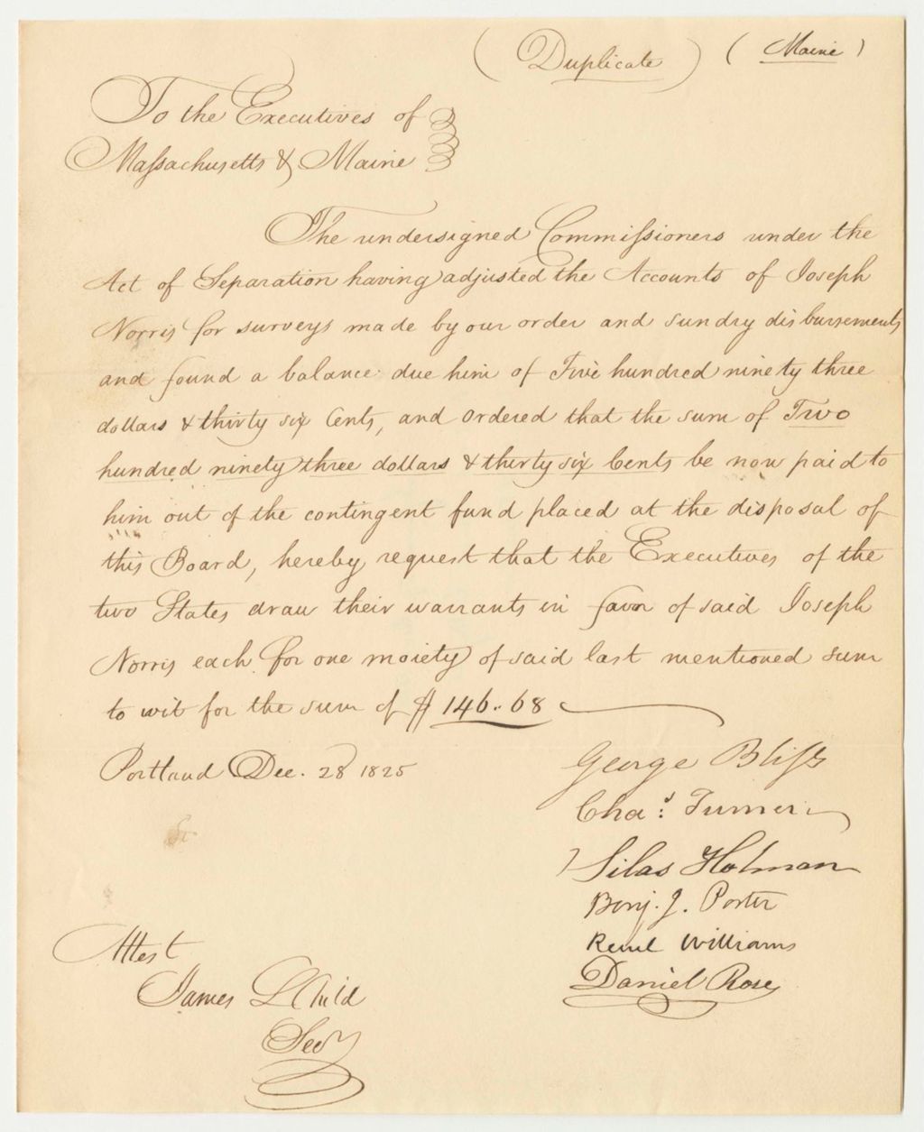 Miniature of Communication from the Commissioners Regarding the Accounts of Joseph Norris
