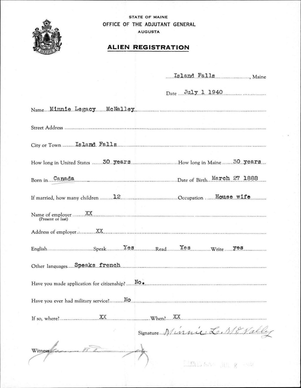 Miniature of Alien Registration- Legacy, Minnie (Island Falls, Aroostook County)