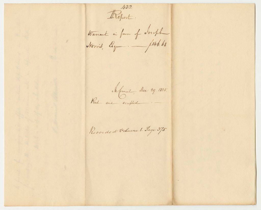Miniature of Report 432: Report on the Warrant in Favor of Joseph Norris, Esq., for Surveying