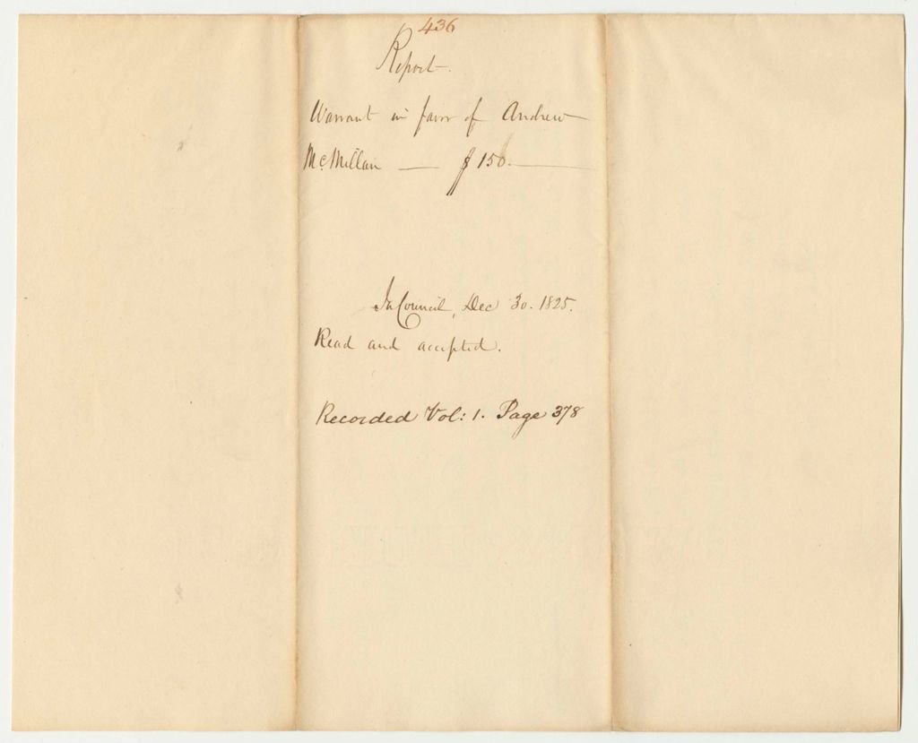 Miniature of Report 436: Report on the Warrant in Favor of Andrew McMillan for Surveying