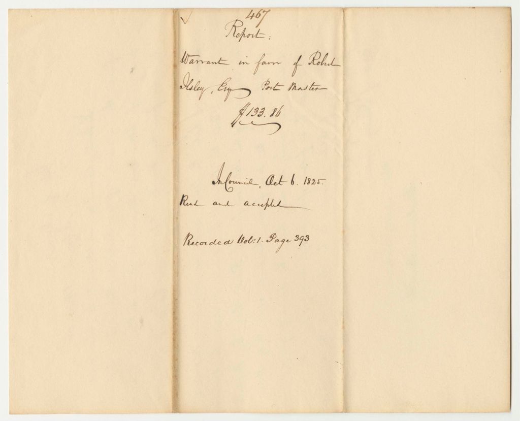 Miniature of Report 467: Report on the Warrant in Favor fo Robert Ilsley, Esq., Post Master of Portland