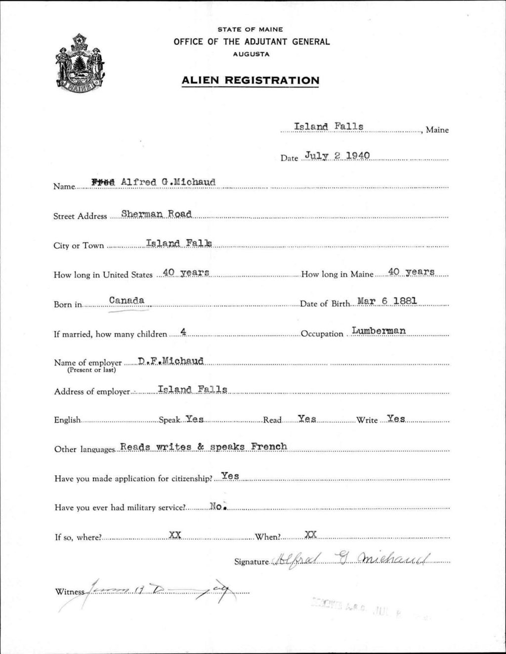 Miniature of Alien Registration- Michaud, Alfred G. (Island Falls, Aroostook County)