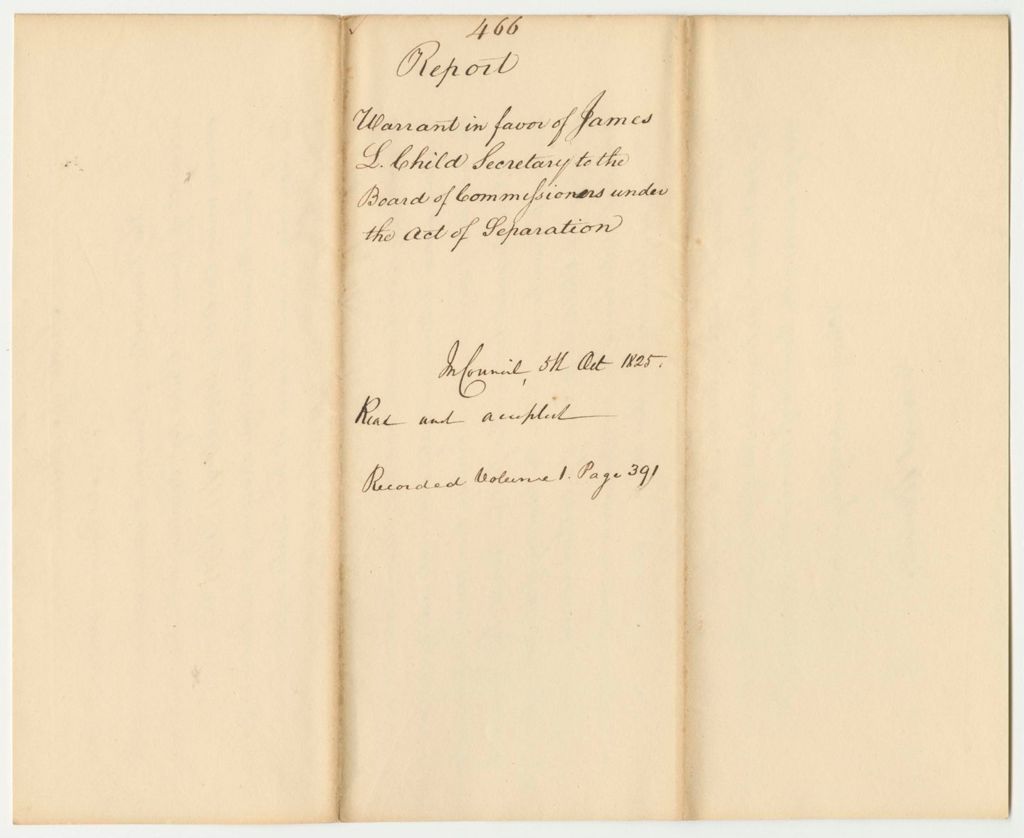 Miniature of Report 466: Report on the Warrant in Favor of James L. Child, Secretary to the Board of Commissioners Under the Act of Separation