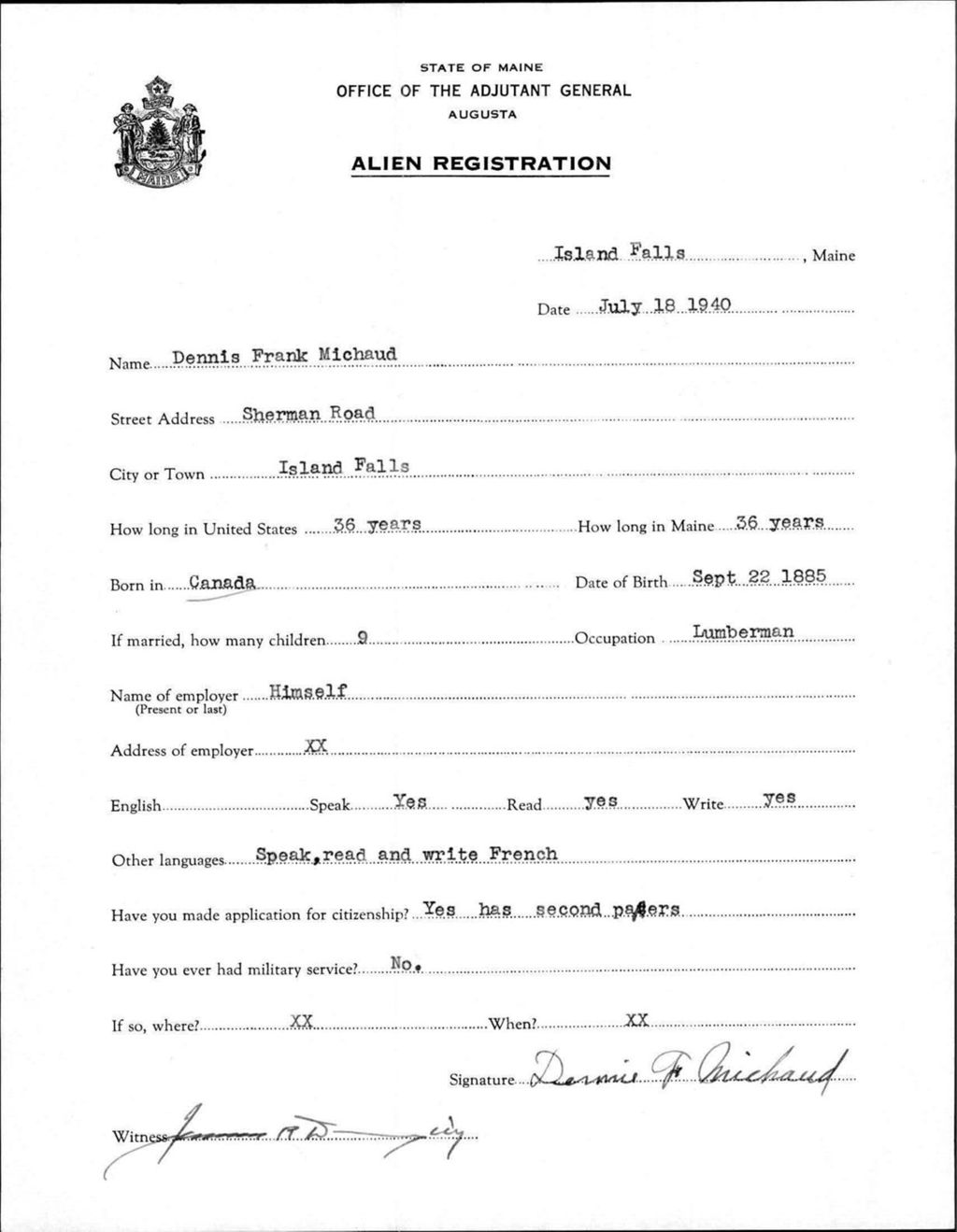 Miniature of Alien Registration- Michaud, Dennis F. (Island Falls, Aroostook County)