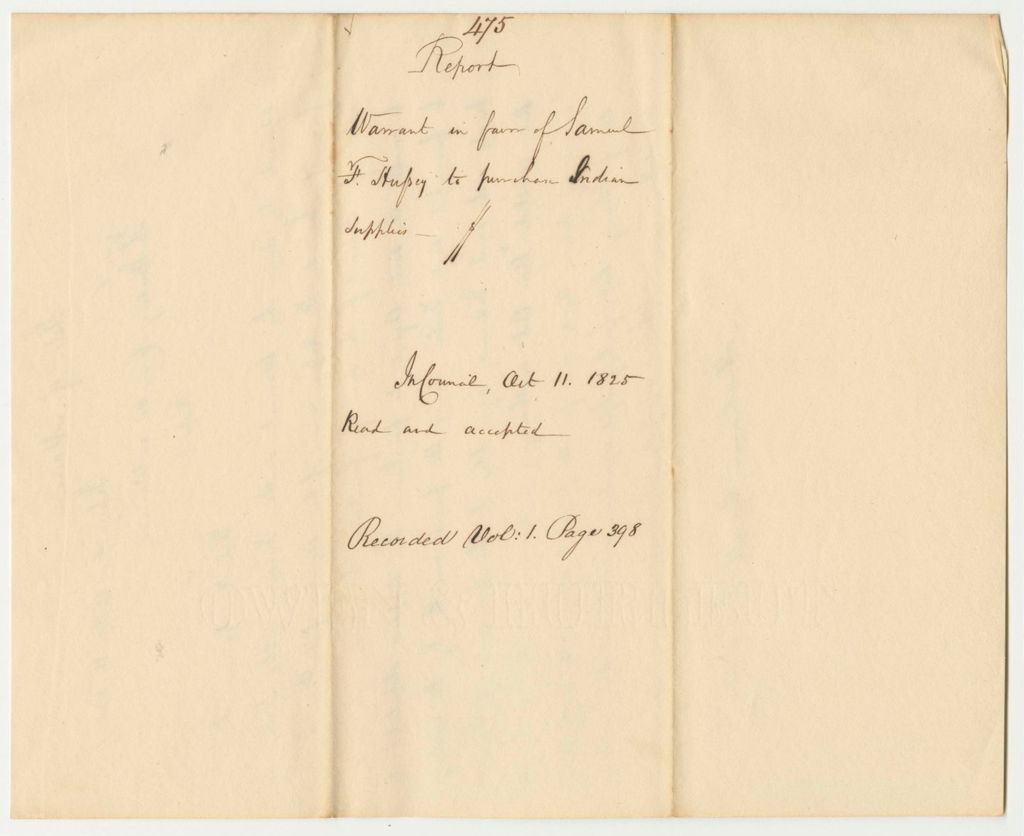 Miniature of Report 475: Report on the Warrant in Favor of Samuel F. Hussey to Purchase Indian Supplies