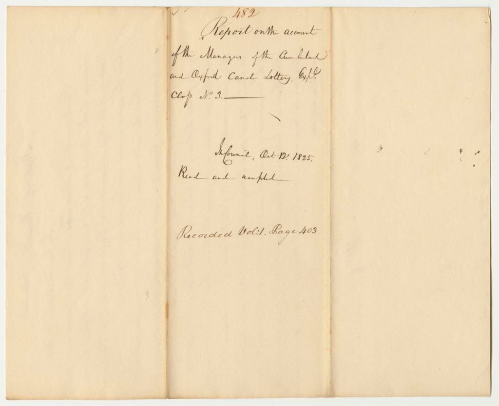 Miniature of Report 482: Report on the Account of the Managers of the Cumberland and Oxford Canal Lottery Experimental Class No. 3