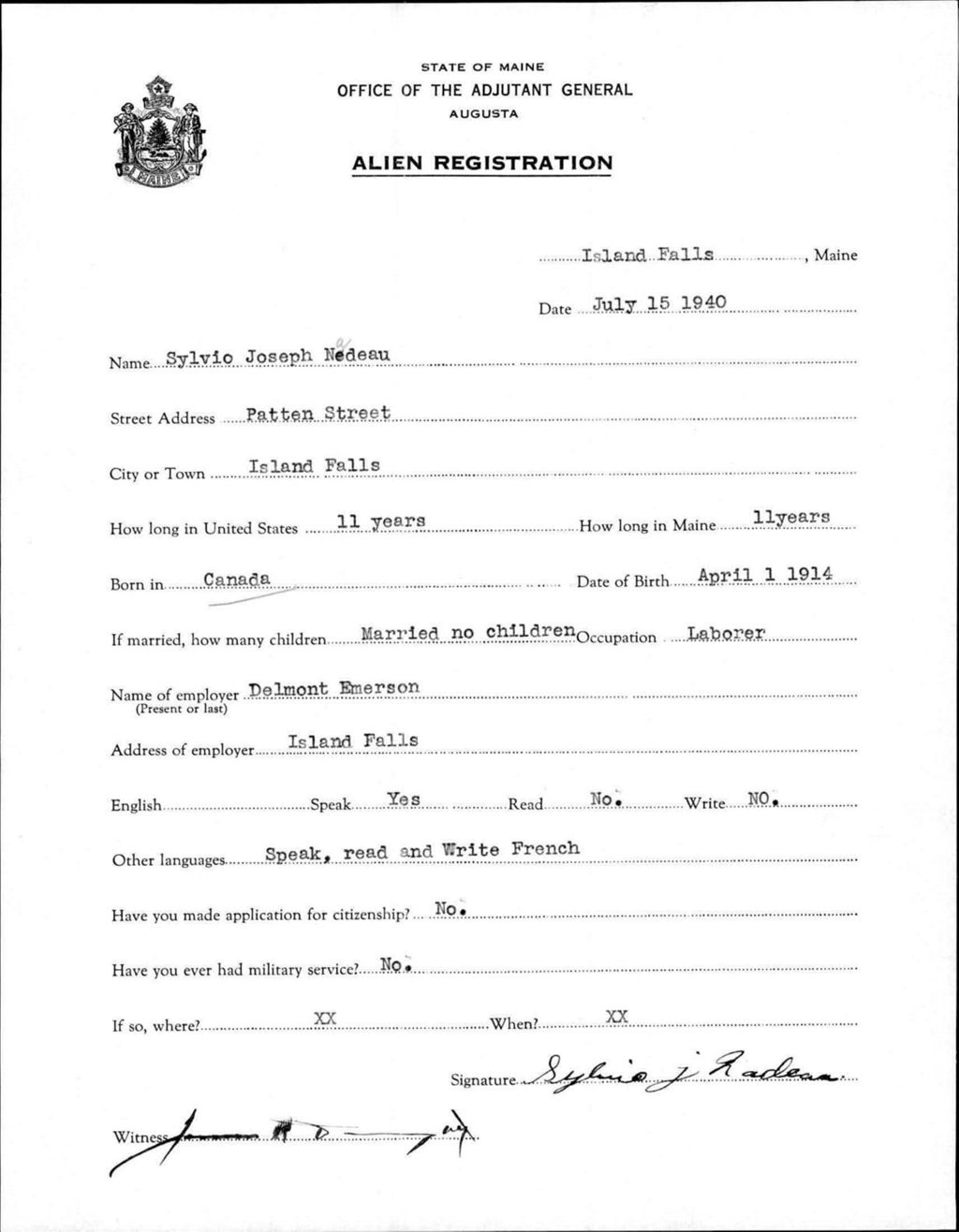 Miniature of Alien Registration- Nadeau, Sylvio J. (Island Falls, Aroostook County)