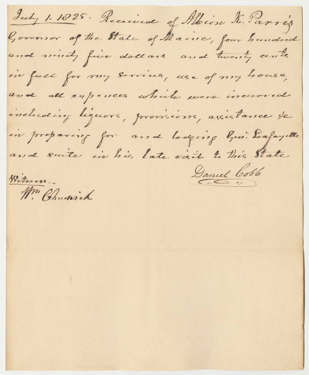 Miniature of Receipt from Daniel Cobb for His Services, Use of His Home, and Other Expenses Incurred for General Lafayette's Visit