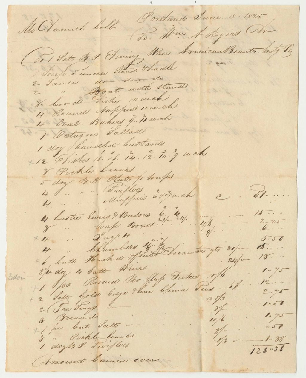 Miniature of Bill No. 1 from Nathaniel Cobb to William A. Rogers for Dining Ware for the Reception of General Lafayette