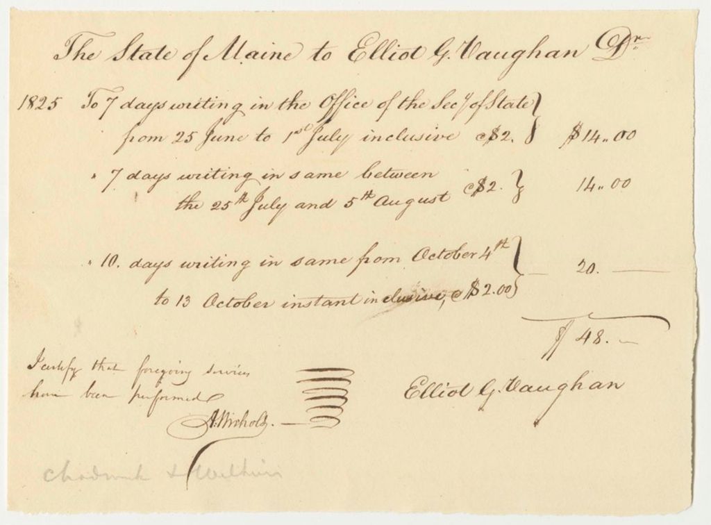 Miniature of Account of Eliot G. Vaughan for Work at the Office of the Secretary of State