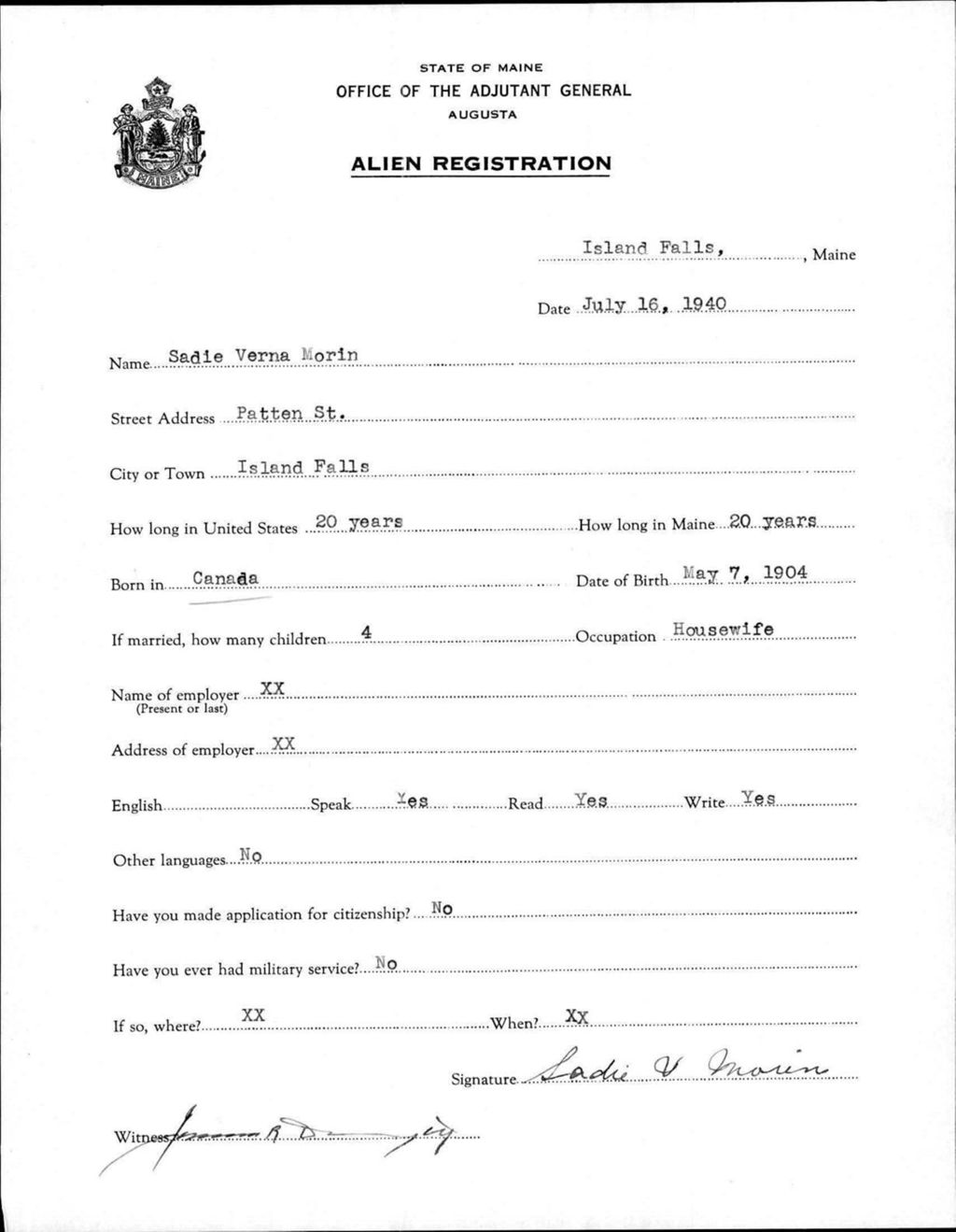 Miniature of Alien Registration- Morin, Sadie V. (Island Falls, Aroostook County)