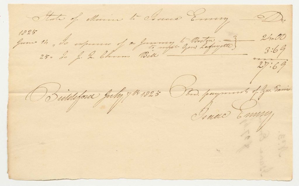 Miniature of Bill No. 3 from Issac Emery to Governor Parris for Expenses Related to the Visit of General Lafayette