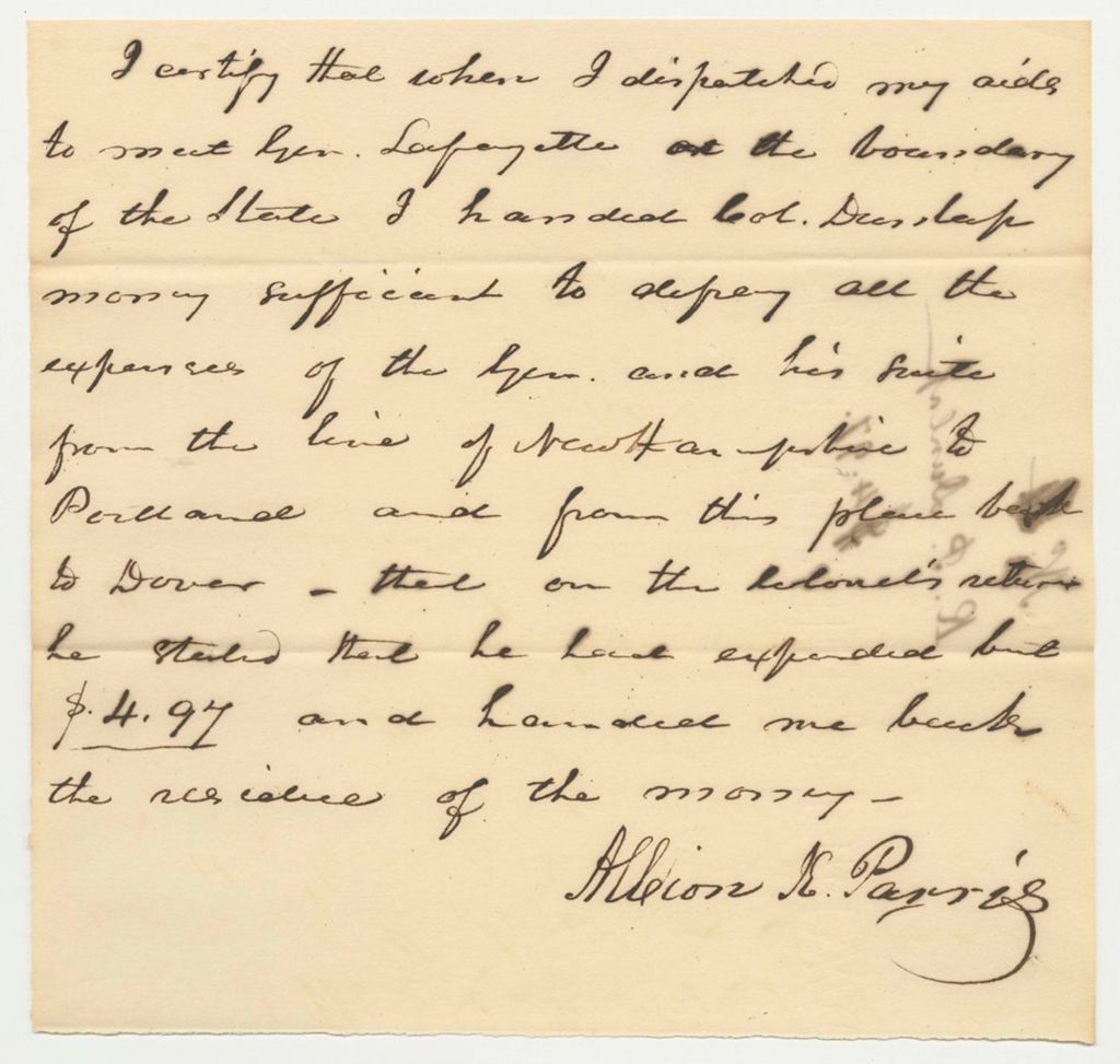 Miniature of Bill No. 4 from R.P. Dunlap to Governor Parris for Expenses Related to the Visit of General Lafayette