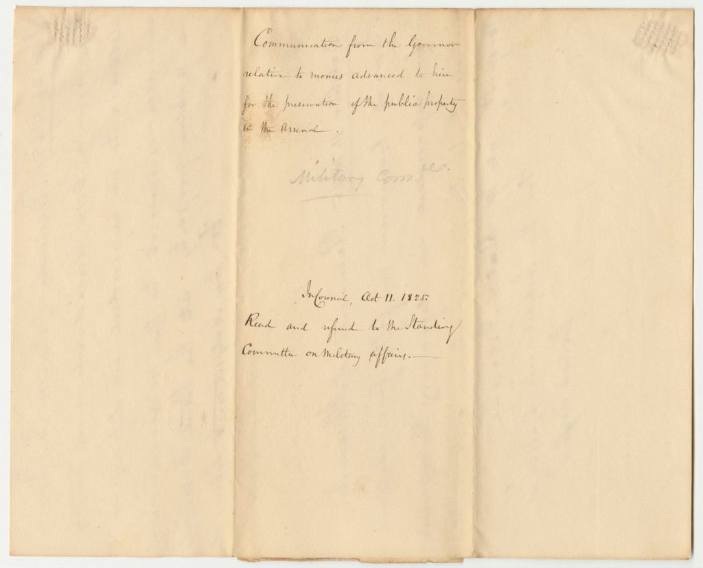 Miniature of Communication from the Governor Relative to Monies Advanced to Him for the Preservation of the Public Property in the Arsenal