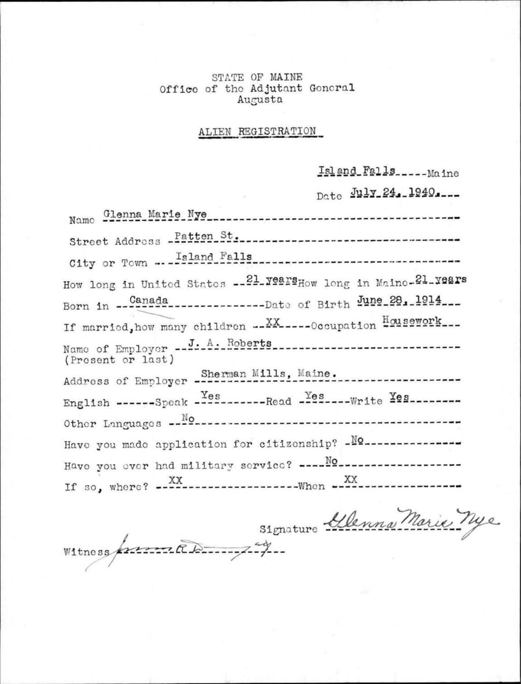 Miniature of Alien Registration- Nye, Glenna M. (Island Falls, Aroostook County)