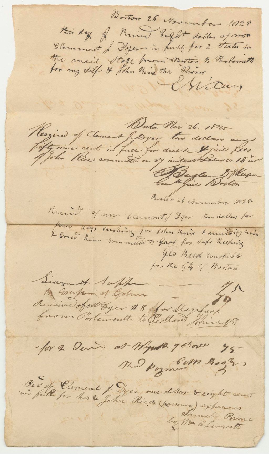 Miniature of Clement J. Dyer Receipts for Expenses Incured Apprehending and Transporting John Rice from Massachusetts