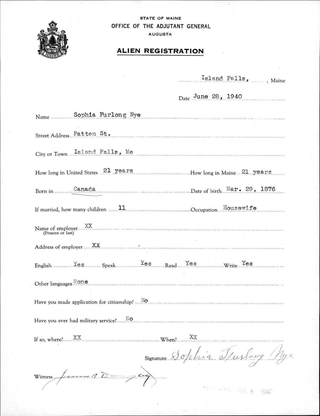 Miniature of Alien Registration- Furlong, Sophia (Island Falls, Aroostook County)