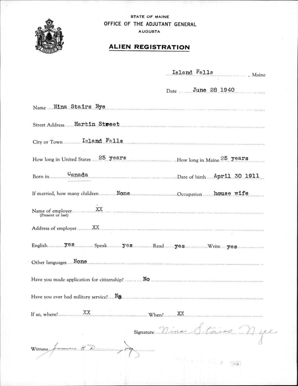 Miniature of Alien Registration- Stairs, Nina (Island Falls, Aroostook County)