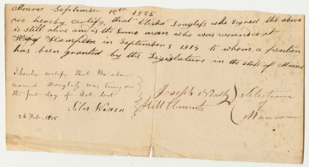 Miniature of Selectmen of Monroe Certification of the Pension of Elisha Douglass